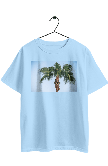 Oversized t-shirt with prints Palm tree against the sky. Adventure, blue, coast, egypt, foliage, green, island, leaves, oasis, ocean, palm, recreation, sea, sheet, sky, south, travel, tropics, turkey, vacation. 2070702