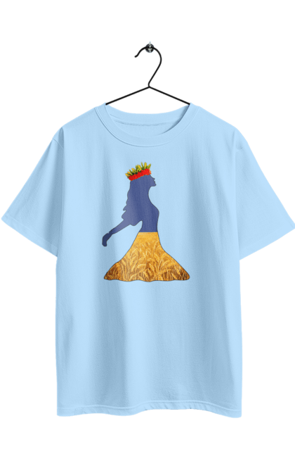 Oversized t-shirt with prints Ukraine. Girl, national colors, poppies, sky, wheat field, wreath, yellow blue. 2070702