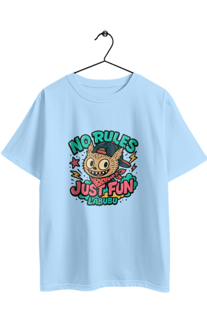 Футболка оверсайз з принтом "Лабубу". Norulesjustfun, y2k, бандана, вуличний стиль, грайливий, графіті, зухвалий, лабубу, ретромультяшка, яскраво. 2070702