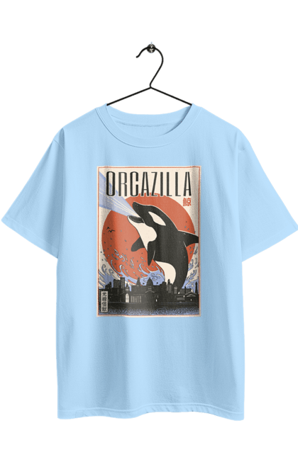 Oversized t-shirt with prints Orcazilla. Cartoon style design, graphic, japan print, japanese, japanese art, japanese poster, japanese poster orca, ocean wildlife, orca, orcazilla. 2070702