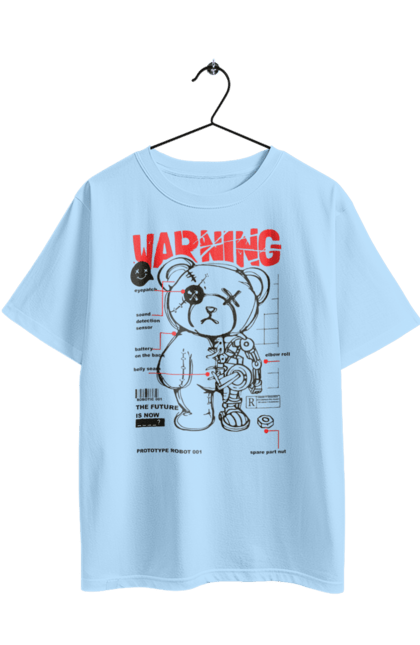 Oversized t-shirt with prints Robot bear. Attention, bear, details, robot, toy, warning. 2070702