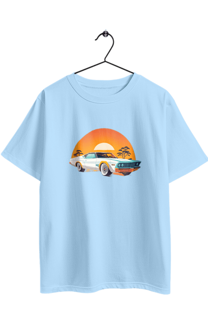 Oversized t-shirt with prints Beautiful car at sunset. Auto, decline, sun. 2070702
