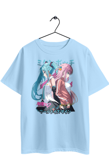 Oversized t-shirt with prints Hatsune Miku and Hitori Gotou. Anime, bocchi the rock, hatsune miku, hitori goto, hitori gotou, lonely rocker, miku, rocker, vocaloid. 2070702