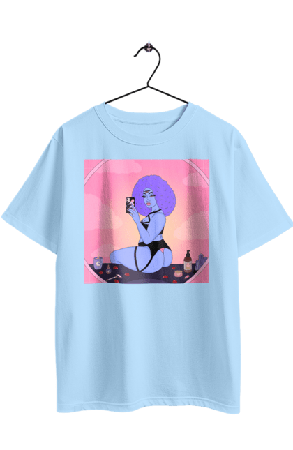 Футболка оверсайз с принтом Фиолетовая Девушка Фото В Зеркале. Белье, зеркало, фото. 2070702