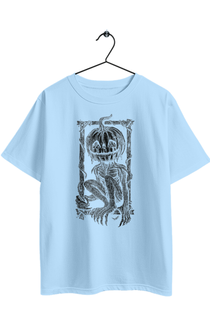 Футболка оверсайз з принтом "Опудало". Гарбуз, гелловін, жахіття, кігті, опудало, осінь, посмішка, рамка, скелет, хелловін. 2070702