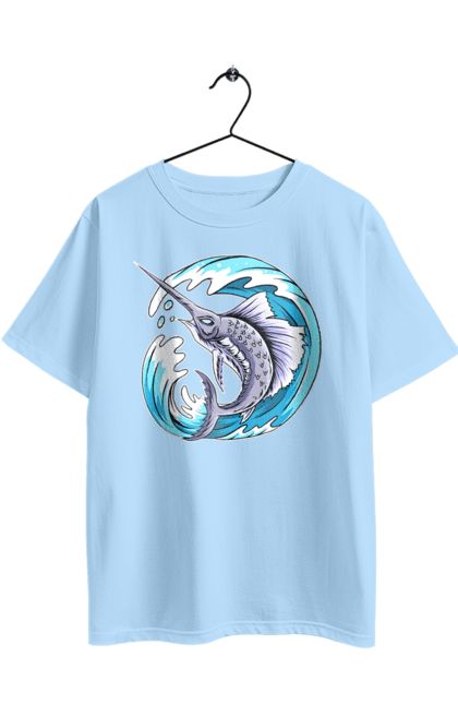 Oversized t-shirt with prints Fish Sword And Wave. Swordfish, wave. 2070702