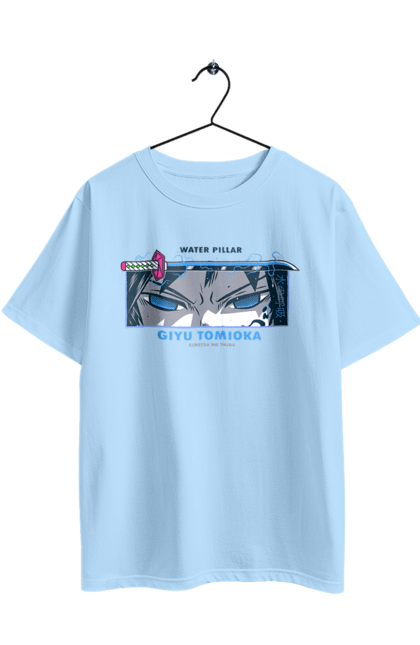 Футболка оверсайз с принтом Клинок Рассекающий Демонов Гию. Anime, demon slayer, giyu, kimetsu no yaiba, manga, аниме, гию томиока, истребитель демонов, манга, сериал. 2070702