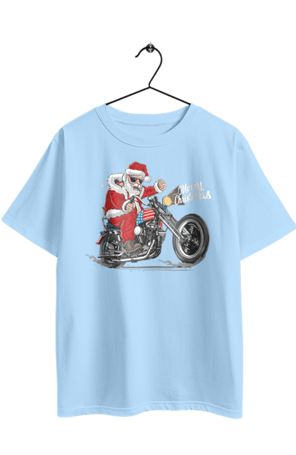 Футболка оверсайз з принтом "Санта в окулярах на мотоциклі". Байкер, дід мороз, зима, мотоцикл, новий рік, різдво, санта, санта клаус, сніг, щасливого різдва. 2070702