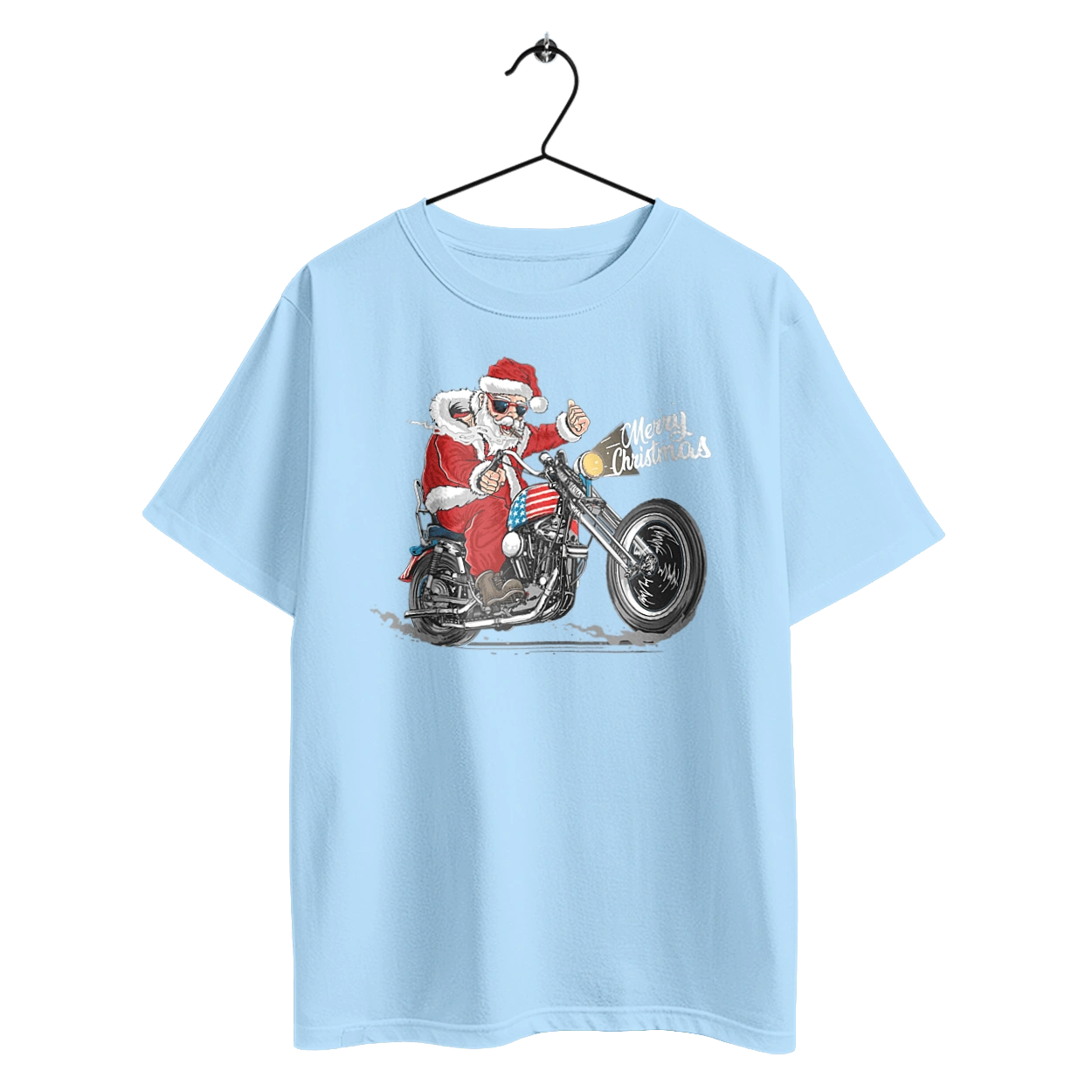 Santa in glasses on a motorcycle
