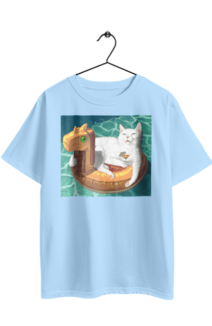 Футболка оверсайз с принтом Белый кот в плавательном кругу, на отдыхе. Бассейн, коктейль, кот, море, отдых, плавательный круг. 2070702