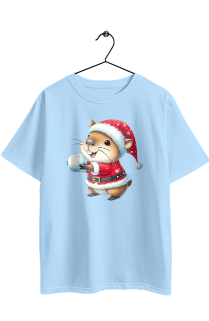 Футболка оверсайз з принтом "Капібара грає у сніжки". Гра, капібара, новий рік, подарунок, різдво, різдвяна капібара, санта, свято, сніжки, тварина. 2070702