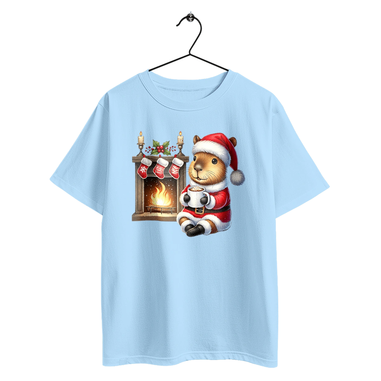 Capybara by the fireplace with hot chocolate