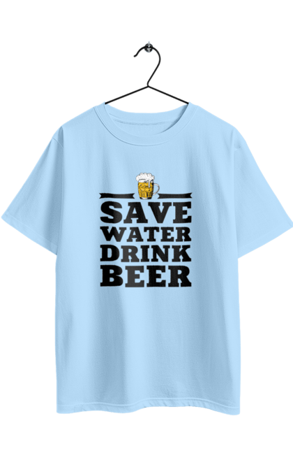 Футболка оверсайз з принтом "Бережи воду, пий пиво (чорна)". 18+, алкоголь, бар, гумор, любителям писа, меми, пиво, приколи, текст, чоловікам. 2070702