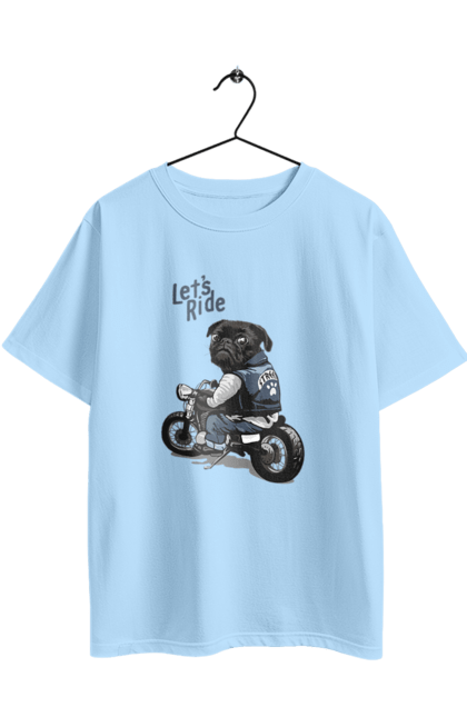 Oversized t-shirt with prints Pug on a motorcycle. Animals, biker, dog, motorbike, pug. 2070702