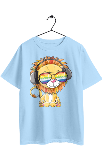 Oversized t-shirt with prints Lion In Glasses And Headphones. Glasses, headphones, lion cub. 2070702