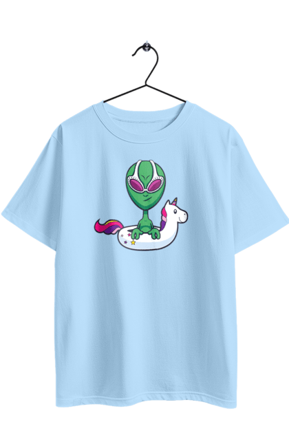 Oversized t-shirt with prints Alien Floats In A Circle. Alien, inflatable circle, to swim. 2070702