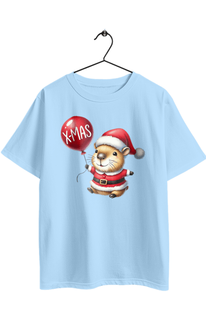 Футболка оверсайз з принтом "Різдвяна капібара". Актуальне, капібара, новий рік, новорічний подарунок, повітряна куля, подарунок, різдво, різдвяна капібара, санта, свято, тварина. 2070702