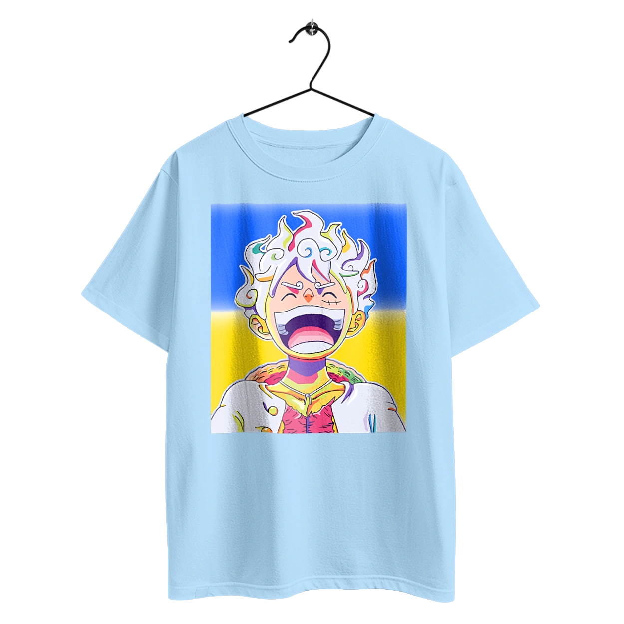 Monkey D Luffy laughing on a yellow blue background