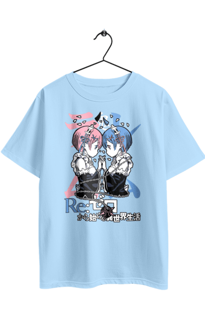 Oversized t-shirt with prints Re:Zero. Anime, drama, fantasy, manga, ram, re:zero, rem, thriller. 2070702