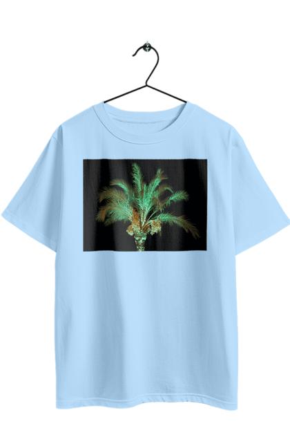 Футболка оверсайз з принтом "Фінікова Пальма Вночі". Берег, відпочинок, відпустка, зелений, море, ніч, оазис, океан, острів, пальма, південь, подорож, пригоди, тропіки, фінікова, чорне. 2070702