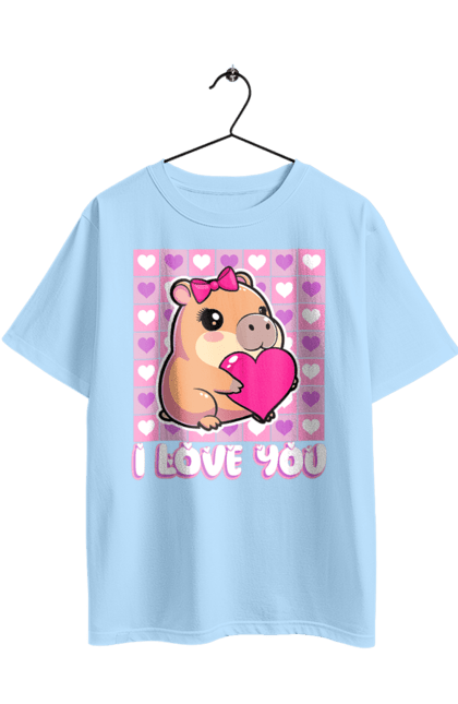 Футболка оверсайз з принтом "Закохана капібара". I love you, валентинка, день святого валентина, капибара, кохання, милі тварини, пара капібар, романтика, романтичний подарунок, серця. 2070702