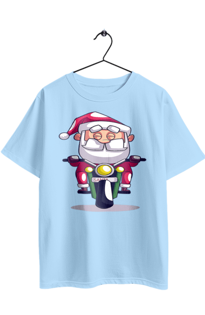 Oversized t-shirt with prints Happy Santa on a motorcycle. 2022, christmas, motorcycle, new year, santa, santa claus, snow, winter. 2070702