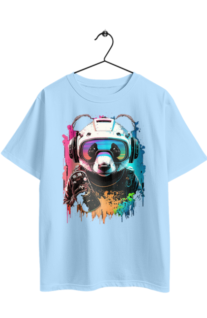 Oversized t-shirt with prints Panda in VR Helmet. Character, geek, helmet, panda, virtual reality. 2070702