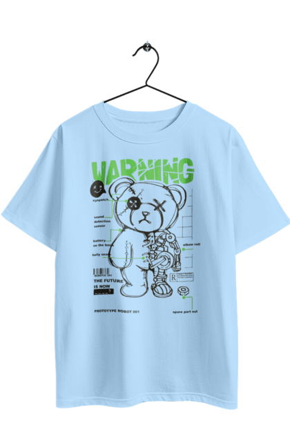 Oversized t-shirt with prints Robot bear. Attention, bear, details, robot, toy, warning. 2070702