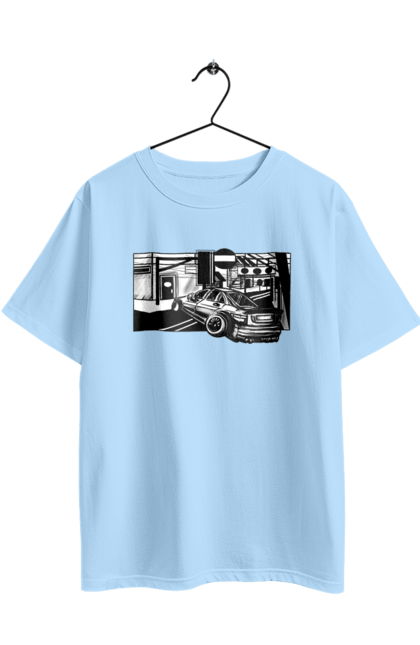 Футболка оверсайз з принтом "Небезпечний Автомобіль на дорогах вулиць". Автомобіль, гонки, машина, небезпечний, чорно білий, швидкий. 2070702