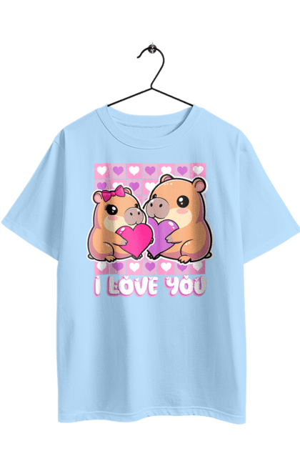 Футболка оверсайз з принтом "Закохана капібара". I love you, валентинка, день святого валентина, капибара, кохання, милі тварини, пара капібар, романтика, романтичний подарунок, серця. 2070702