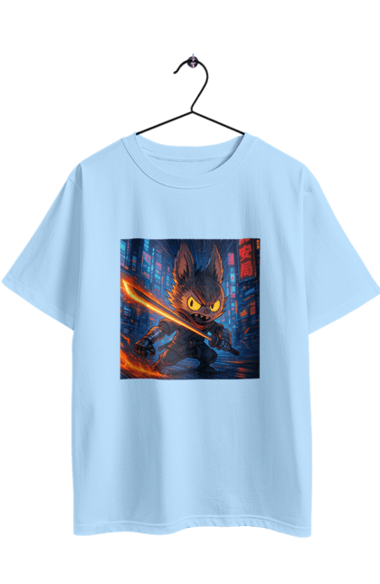 Футболка оверсайз з принтом "Лабубу". Аніместиль, дія, катана, кіберніндзя, кіберпанк, лабубу, меч, неонове місто, очі` що світяться. 2070702