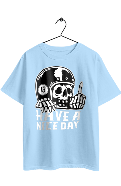 Футболка оверсайз с принтом Хорошего дня. Байкерская, крутая, с черепом, тринадцать, фак, хеллоуин, хорошего дня, череп. 2070702