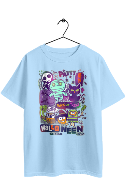 Oversized t-shirt with prints Halloween Trick or Treat. Costume, ghost, halloween, holiday, october, october 31, pumpkin, skeleton, sweets, trick or treat. 2070702