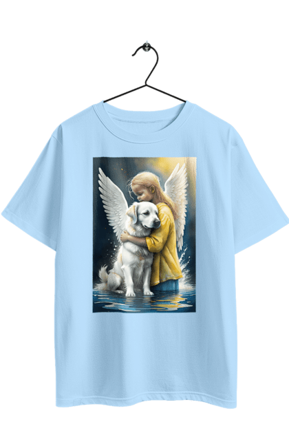Футболка оверсайз з принтом "Дівчинка та собака ангел [память загиблим тваринам]". Дівчинка та собака, крим, нова каховка, память загиблим тваринам, собака ангел, україна, херсон. 2070702