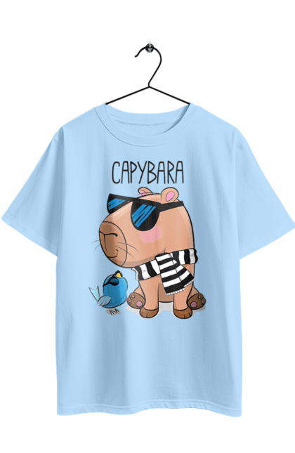 Футболка оверсайз з принтом "Стильна капібара". Капібара, модна капібара, настрій, окуляри, птах, сонячні окуляри, стильна капібара, тварина, шарф у смужку. 2070702