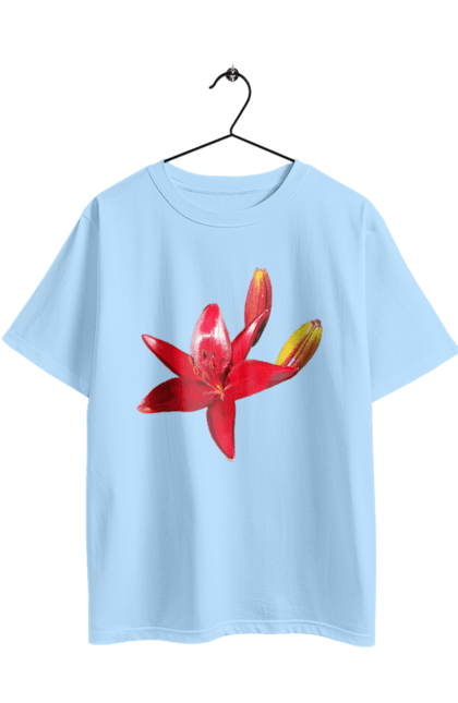 Oversized t-shirt with prints Red lily. Bright, bud, buds, color, flower, lily, nature, red, red flower, red lily, sunny. 2070702