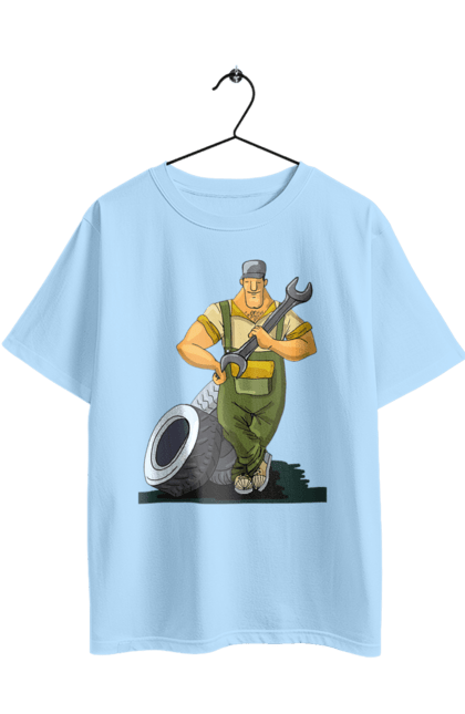 Футболка оверсайз з принтом "Автомайстер". Гайковий ключ, колеса, професія. 2070702