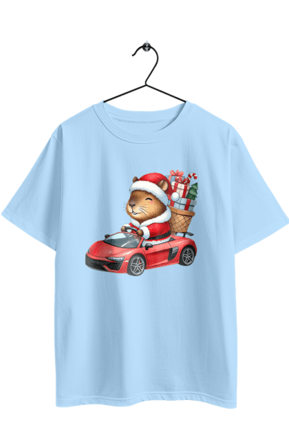 Футболка оверсайз з принтом "Різдвяна капібара з подарунком". Авто, капібара, новий рік, новорічний подарунок, подарунок, різдво, різдвяна капібара, санта, свято, тварина. 2070702