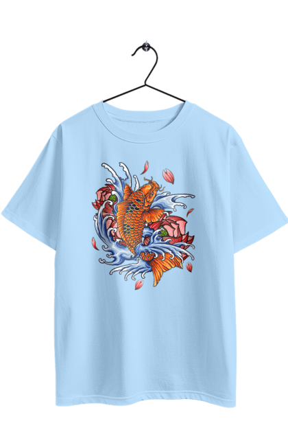 Oversized t-shirt with prints Fish and waves. Fish, flower, wave. 2070702