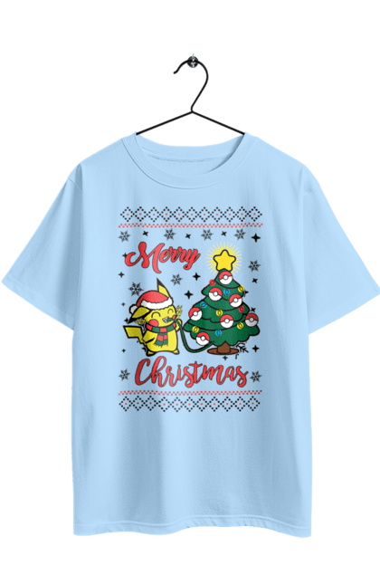 Футболка оверсайз з принтом "Пікачу Веселого Різдва!". Christmas, merry christmas, nintendo, pikachu, pokemon, аніме, гра, пікачу, покемон, різдво. 2070702