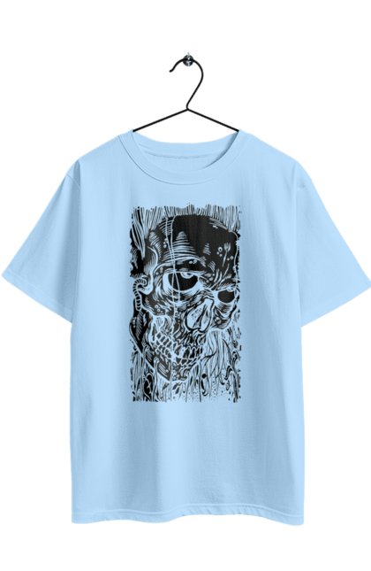 Футболка оверсайз с принтом Череп. Глаза, зубы, кости, червяки, череп, черно белый. 2070702