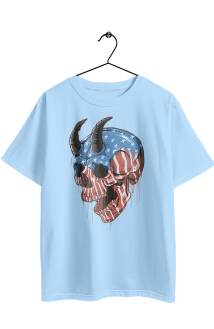 Футболка оверсайз з принтом "Череп з рогами". Америка, зуби, кістки, прапор, роги, сша, фарба, череп, штати. 2070702