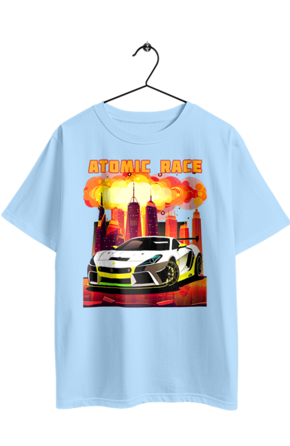Футболка оверсайз с принтом Атомные гонки. Автомобиль, атомные гонки, гонки, гоночные машины, машина, спортивная машина, спорткар. 2070702