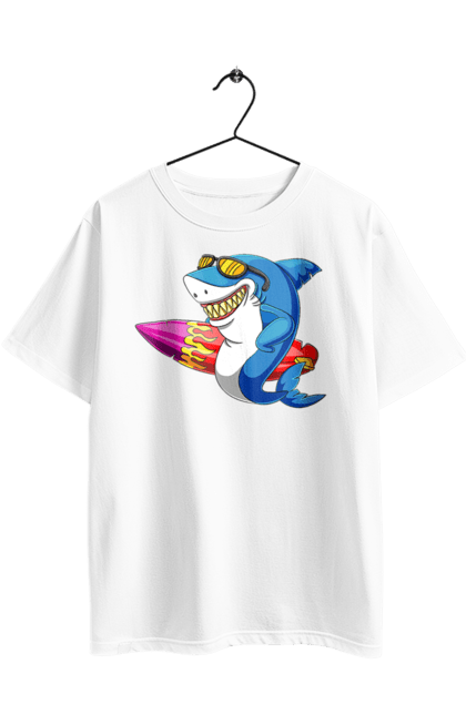 Футболка оверсайз з принтом "Акула В Окулярах З Серфінгом". Акула, літо, окуляри, серфінг. 2070702
