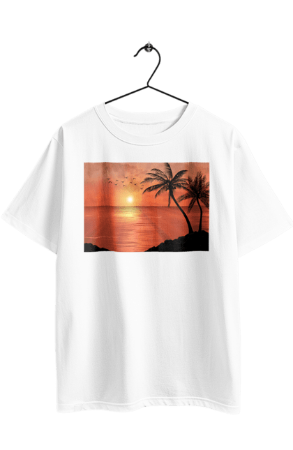 Футболка оверсайз з принтом "Захід Пальми Море". Берег, захід, море, пальми. 2070702
