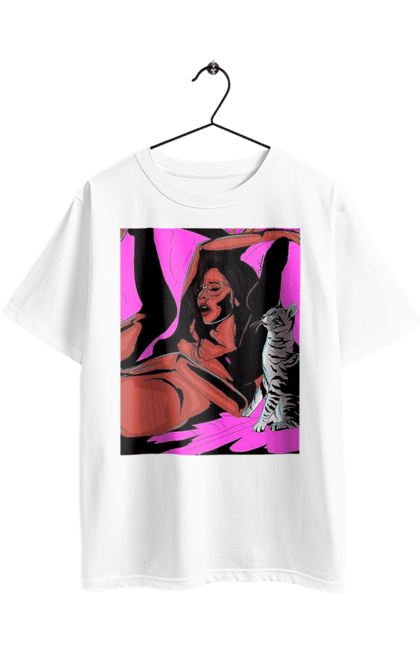Oversized t-shirt with prints Girl Gets Fun. Cat, naked, passion, satisfaction. 2070702