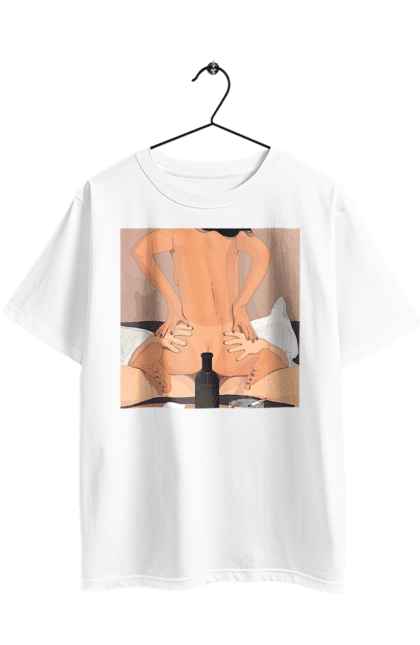 Футболка оверсайз с принтом Голая Девушка, Бутылка И Сигареты. 18, голая, сверху. 2070702