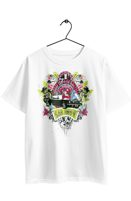 Футболка оверсайз з принтом "Автомобільне Шоу, Літо". Автомобіль, гроші, карти, пальма, шоу. 2070702