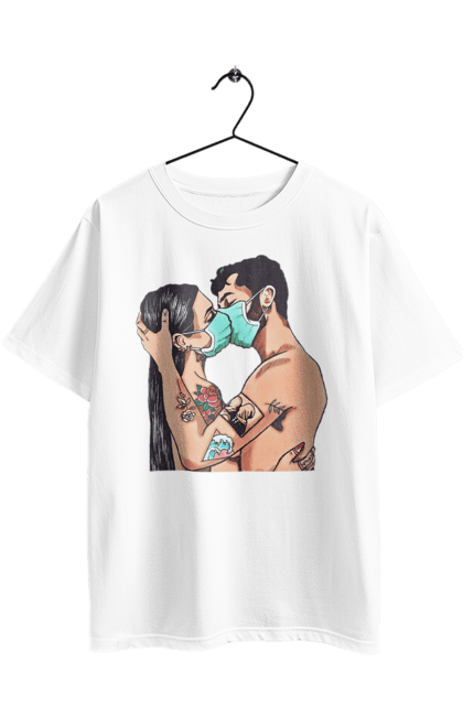 Oversized t-shirt with prints Coronavirus Love. Coronavirus, kiss, love, mask, quarantine. 2070702