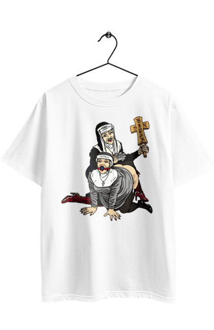 Футболка оверсайз з принтом "Монашки БДСМ". Бдсм, крута, модна, молодіжна, плескає по дупі, рок, рольові ігри, черниці бдсм, черницю, черниця. 2070702